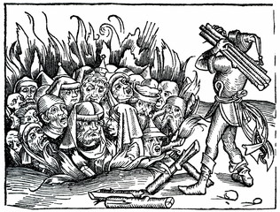 Jews burnt during the bubonic plague, accusing them in the contamination of christians wells (woodcut illustration from Nuremberg Chronicle, 1493)