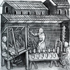 Spinning and weaving, 15th century