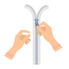 Two women's hands are unzipping a zipper. Template flat illustration of human female hand holding a fastener on the zip. Vector isolated on white background design elements for infographic, web, print