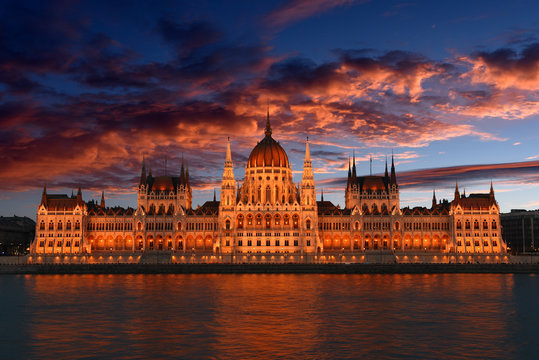 view over the Danube river to the Budapest Parliament, Hungary during sunset