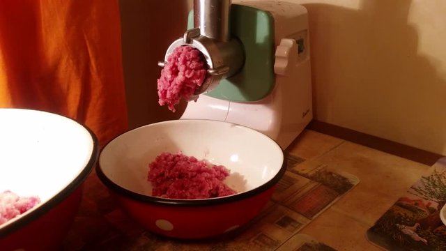 Automatic powerful grinder making minced meat of various kinds of meat, spices and onions
