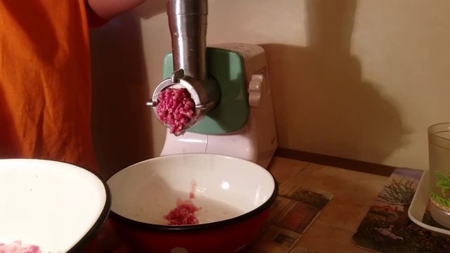 Automatic powerful grinder making minced meat of various kinds of meat, spices and onions