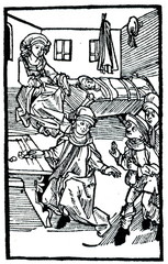 Pavnbrokers lodging with money changers table (Nuremberg woodcut, 1491)
