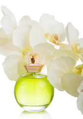 women's perfume on a white background with orchid
