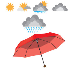 Red opened umbrella isolated on white background with weather ellements. Rain, sun, cloud, couds. vector illustration