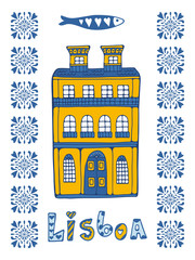 Hand drawn card with typical Portuguese house.