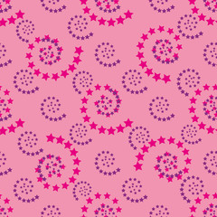 Pink and purple spiral with stars geometric seamless pattern on light background
