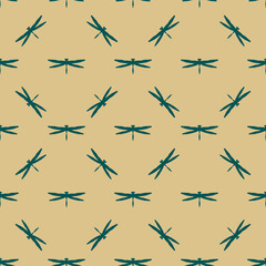 Green dragonfly seamless pattern on beige background
