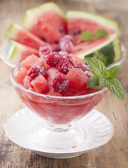 Watermelon sorbet with raspberries.