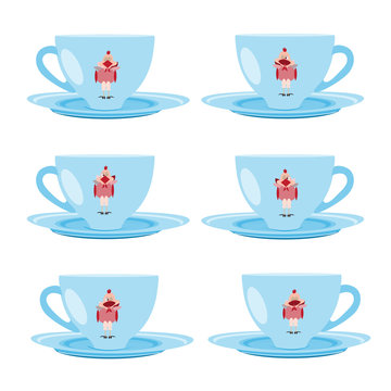 Set of tea cups with chickens, vector illustration