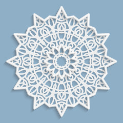 Lace 3D mandala, round symmetrical openwork pattern, lacy doily, decorative  snowflake, arabic ornament, indian ornament, embossed pattern, decorative design element,  vector