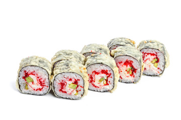 Sushi roll with fresh ingredients isolated on white background