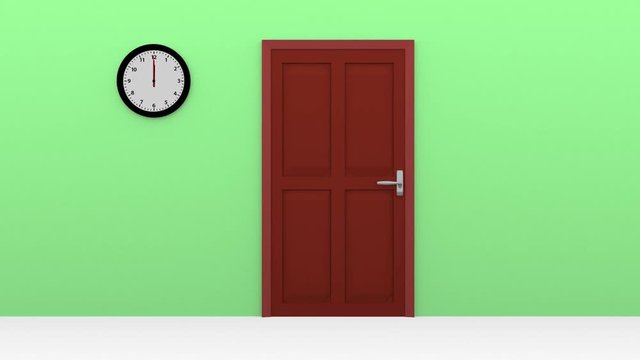 an office door opening while a clock points twelve o'clock. exit hour