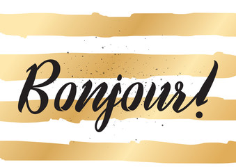 Bonjour inscription. Greeting card with calligraphy. Hand drawn design. Black and white. © pavector