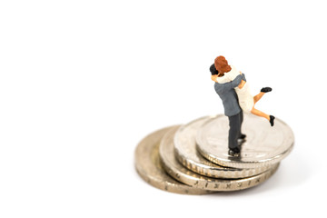 miniature couple on euro coins on white background, abstract background to money and saving concept.