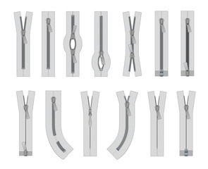 Vector set of zippers and fastener. Schematic isolated illustration of different types of zippers in a closed and opened positions. Metal or plastic clasps. Clothes accessory.