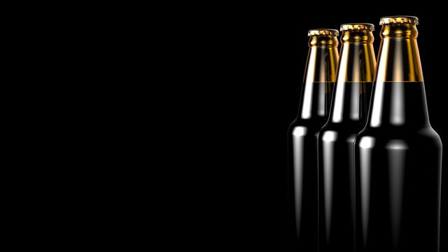 Close up bottles of beer on a black background. 3d illustration.