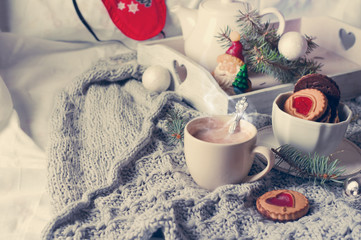 christmas breakfast in bed with coffee and cookies