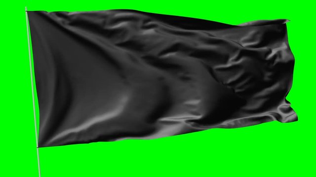 Blank plain black flag with flagpole waving in the wind, 3D animation with green screen