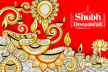 Burning diya on happy Diwali Holiday doodle background for light festival of India