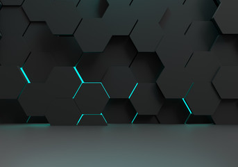 Abstract futuristic floor and glowing light hexagons background, 3D rendering
