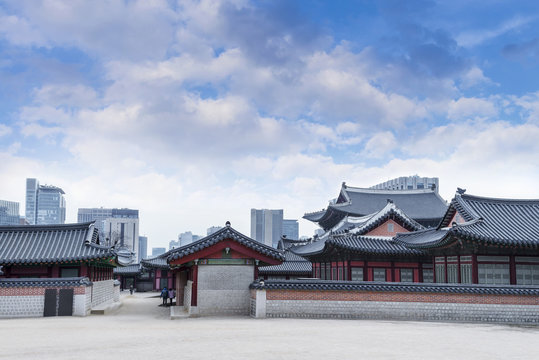 Korean tradition architectural Bukchon palace is unique place and modern building cityscpae modern office view background, Seoul, republic of Korea