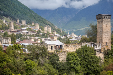 Fototapeta na wymiar Mountain landscape with the famous towers of Svaneti. Georgia