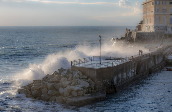 Big stormy waves crashing over the coast - Genoa Nervi pier, Italy