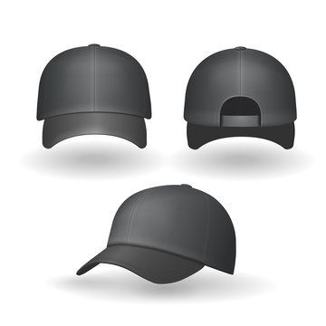 Set of realistic black baseball caps isolated on white background. Vector