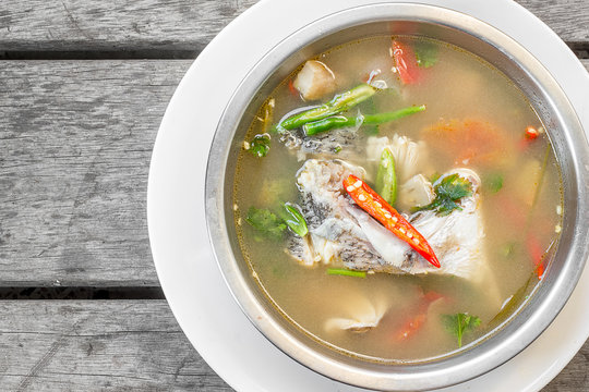 Food asian. Thai fish soup in dish.