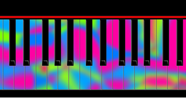 Multicolored keys of the piano