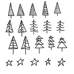 set of 15 different fir, christmas trees hand drawn style on snowy background