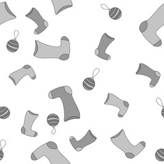 Seamless Christmas pattern with xmas socks, stars and candy canes. Happy New Year and Merry Xmas background. Vector design for winter holidays. Winter holidays vector texture. Merry Xmas card.