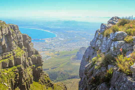 Table Mountain National Park, Trail Hike. Aerial view of the Cape Town Harbour and the Atlantic coast.