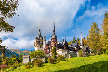 Peles castle Sinaia in autumn season, Transylvania, Romania protected by Unesco World Heritage Site