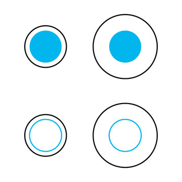 Delboeuf optical illusion of relative size perception. The blue circles are the same size and surrounded by an annulus. The left circles appear larger. Similar to Ebbinghaus illusion. Illustration.
