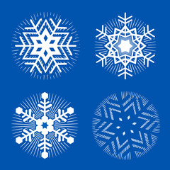 Set of white decorative Snowflakes.
Set of four original stylized snow flakes on the blue background. Vector available.
