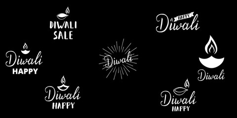 Fototapeta na wymiar Diwali labels set. Hand drawn brush lettering for Diwali festival. Diwali typographic labels 