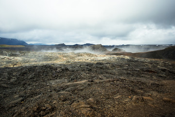Hot ground made from solified lava at Krafla volcanic area in Iceland.