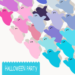 Halloween colorful ghost background. Set of cute cartoon colorful ghosts on white background with text Halloween party .
