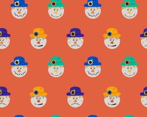 Pattern of scarecrow with different hats and smiles. Vector Halloween seamless pattern. Flat cartoon illustration of bogey.