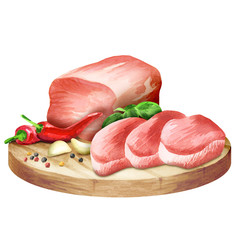 Raw fresh beef fillet with spices on a plate. Watercolor