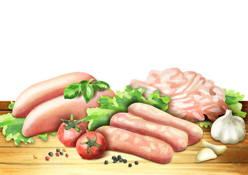 Raw chicken products. Watercolor