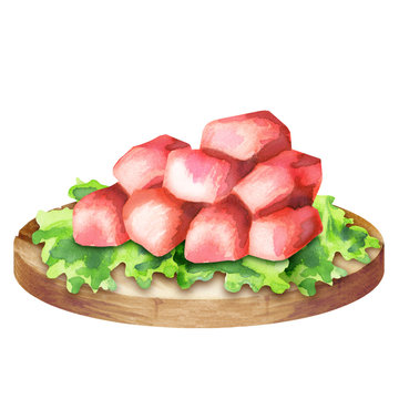Raw fresh beef cubes with lettuce on a plate. Watercolor