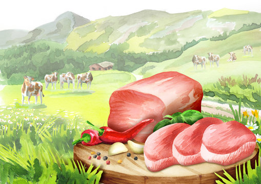 Raw fresh beef fillet with spices on a plate in landscape with cows. Watercolor