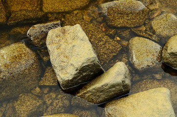 Rocks lie under water.