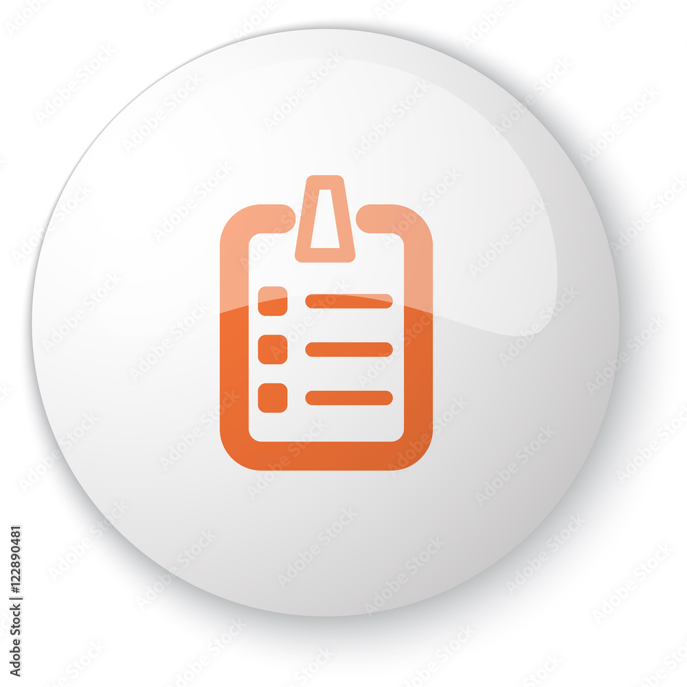 Poster glossy white web button with orange checklist icon on white back