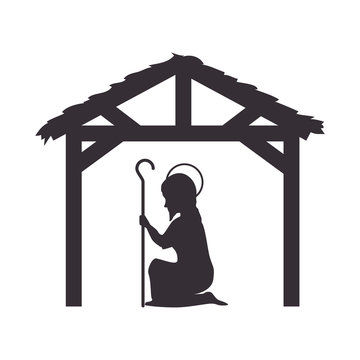 saint joseph on his knees and holding a cane silhouette. vector illustration