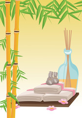 Bamboo towel and oils icon. Spa center and healthy lifestyle theme. Colorful design. Vector illustration