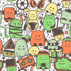 Seamless pattern. Funny monsters, personage. Hand drawn cartoon animals